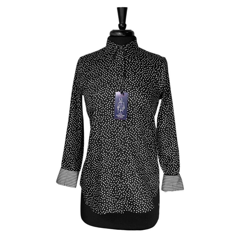 Chaps Ralph Lauren Womens S Black White Polka Dot No Iron Shirt NWT Cotton Top